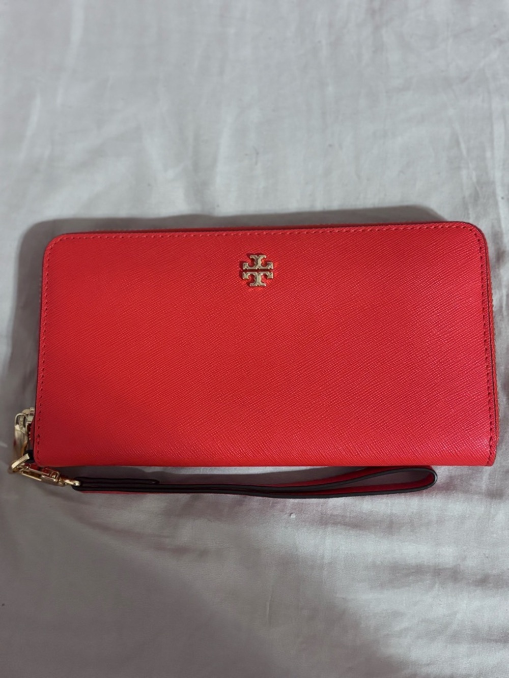 Tory Burch Coral Red Zip-Around Wristlet Wallet with Gold Logo